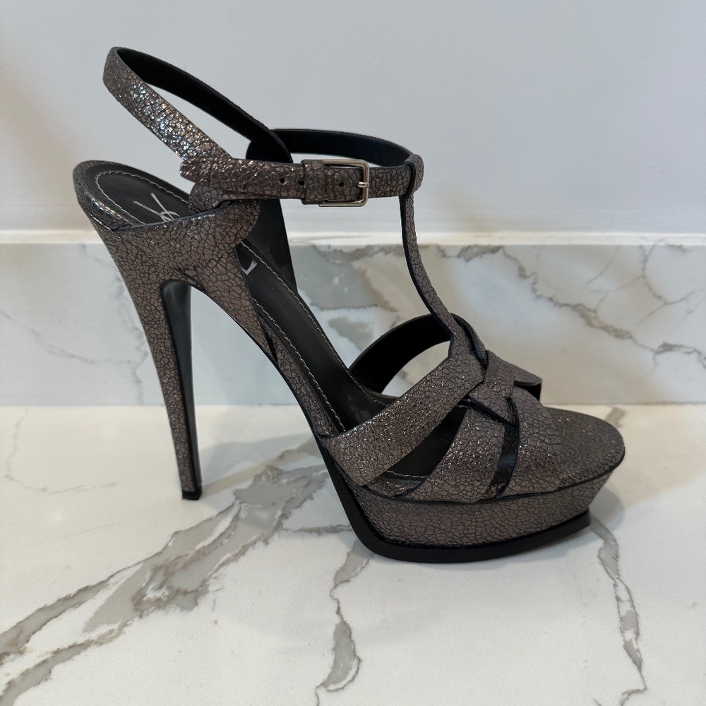 YSL Tribute Gunmetal Metallic, Pebbled Leather Platform Pumps, Size 41 1/2